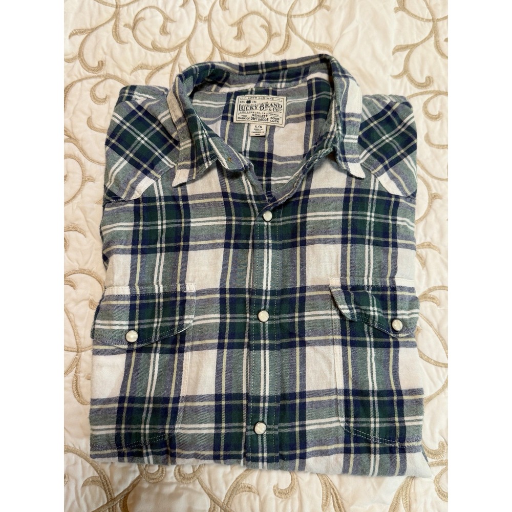 Lucky Brand Mens Large Western Plaid Shirt Blue Green Pearl Snap Cotton Flannel